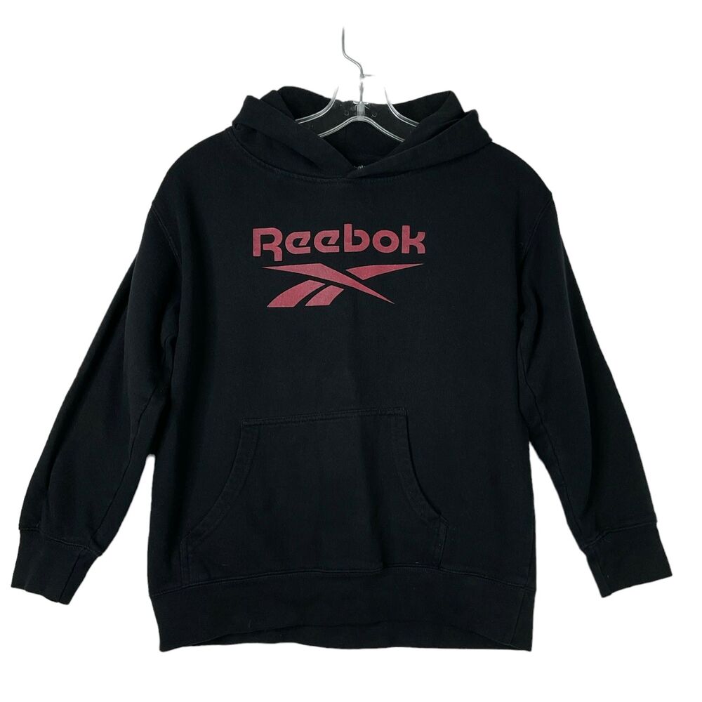 Reebok Youth L 14-16 Hooded Sweatshirt Black Red Graphic Lettering Long Sleeve